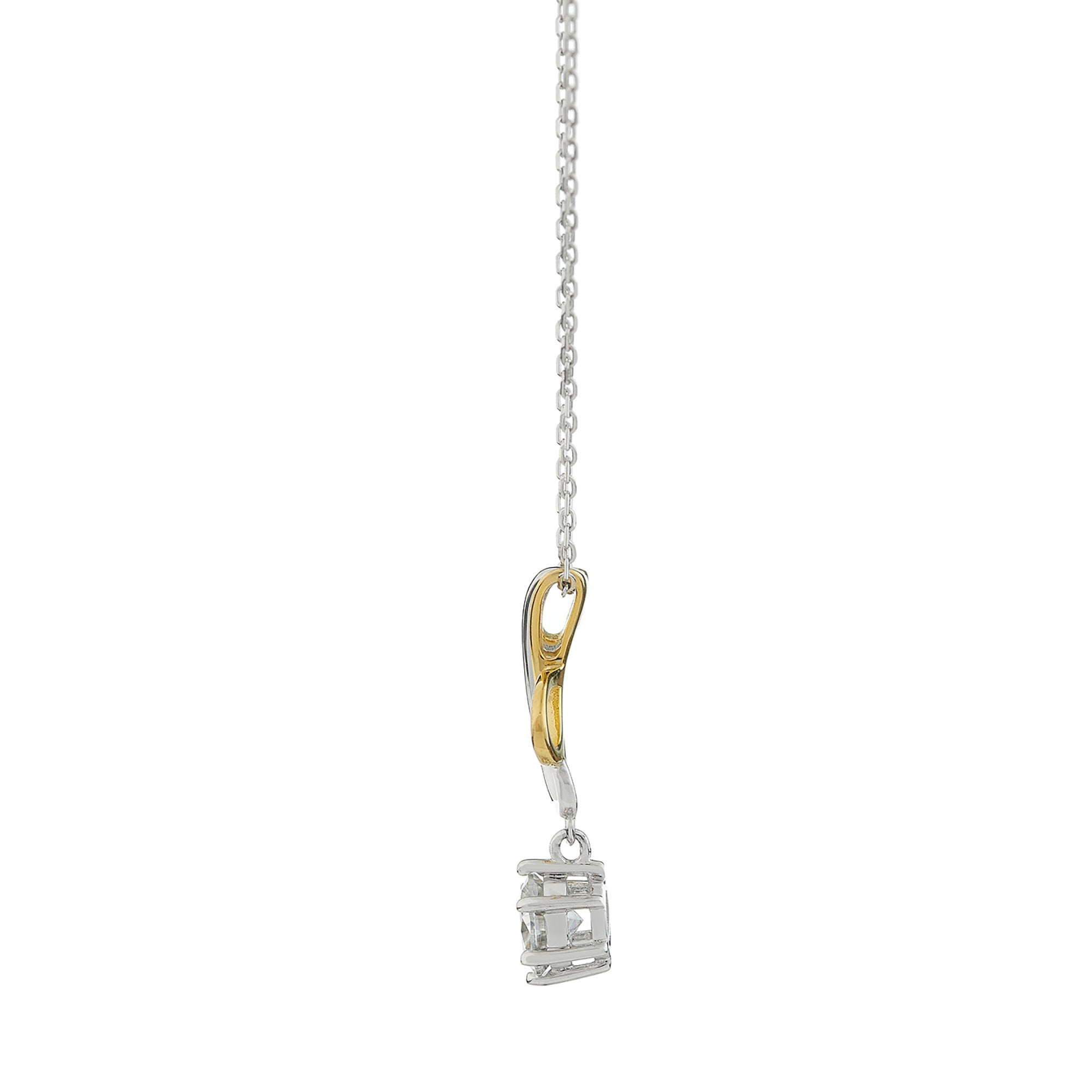 This celestial pendant, adorned with exquisite moissanite gemstone, showcases a round moissanite stone gracefully connected to a stylized triple-curve silhouette.